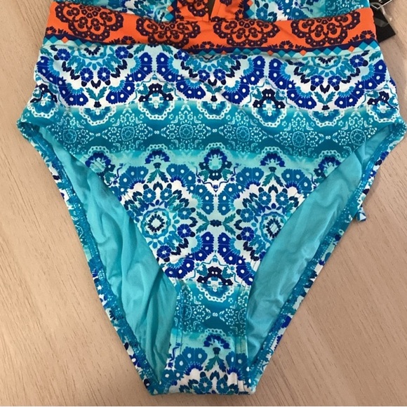 NWT La Blanca Size 10 Blue and Orange One Piece Swimsuit w/ Plunging V-Neckline - Picture 5 of 12